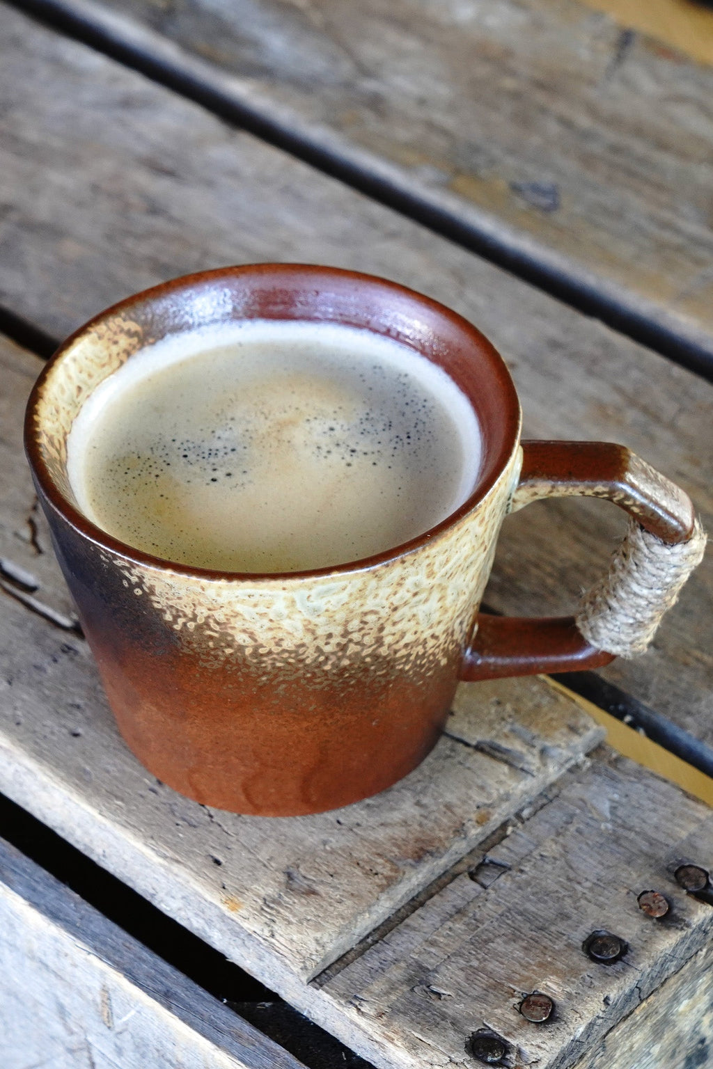 Rustic Handmade Ceramic Coffee Mug – Textured Stoneware with Earthy Glaze & Wrapped Handle