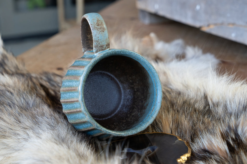 Handmade Vertical Stripe Turquoise Ceramic Vintage Pottery Mug 13oz