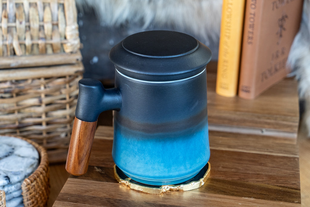 Japanese Ceramic Loose Tea Steeping Mug with Wood Handle - Tall