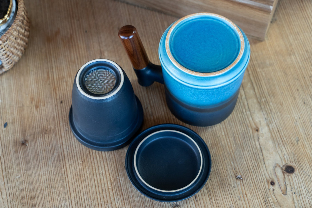 Japanese Ceramic Loose Tea Steeping Mug with Wood Handle - Tall