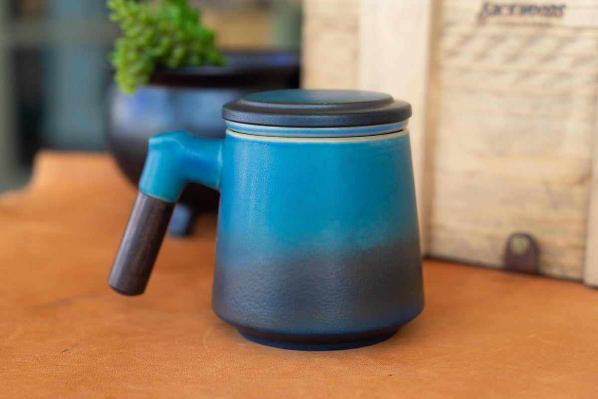 Modern Japanese Inspired Blue Ceramic Tea Steeping Mug - Short