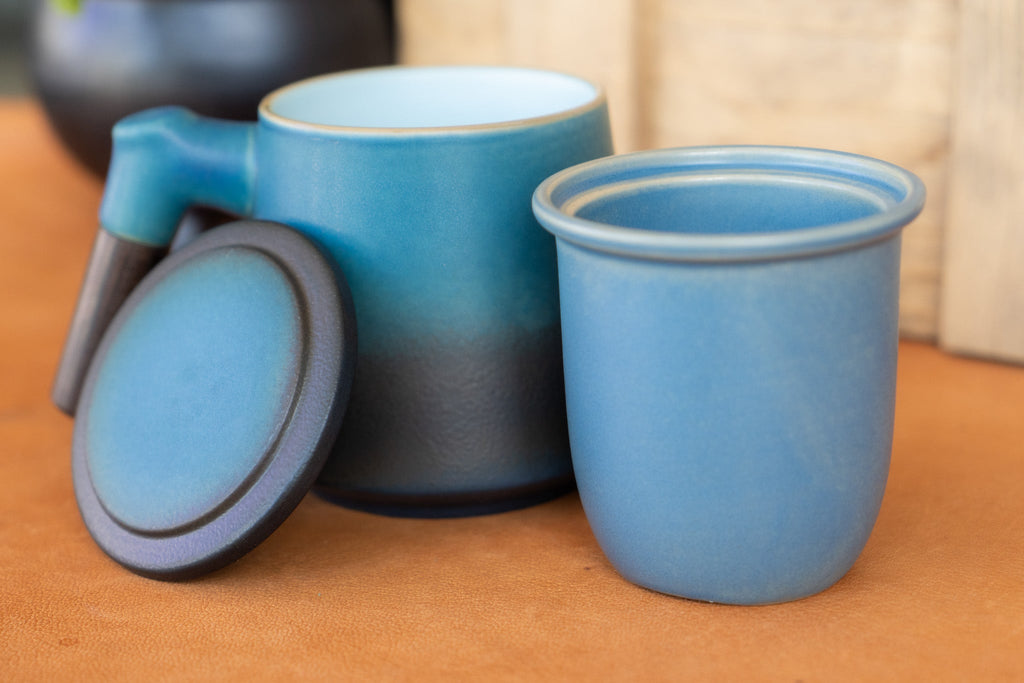 Modern Japanese Inspired Blue Ceramic Tea Steeping Mug - Short