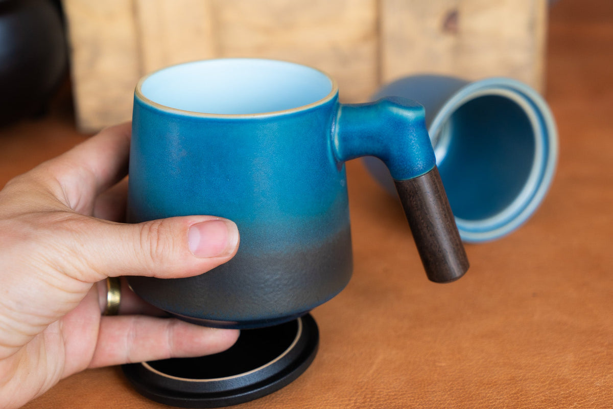 Modern Japanese Inspired Blue Ceramic Tea Steeping Mug - Short