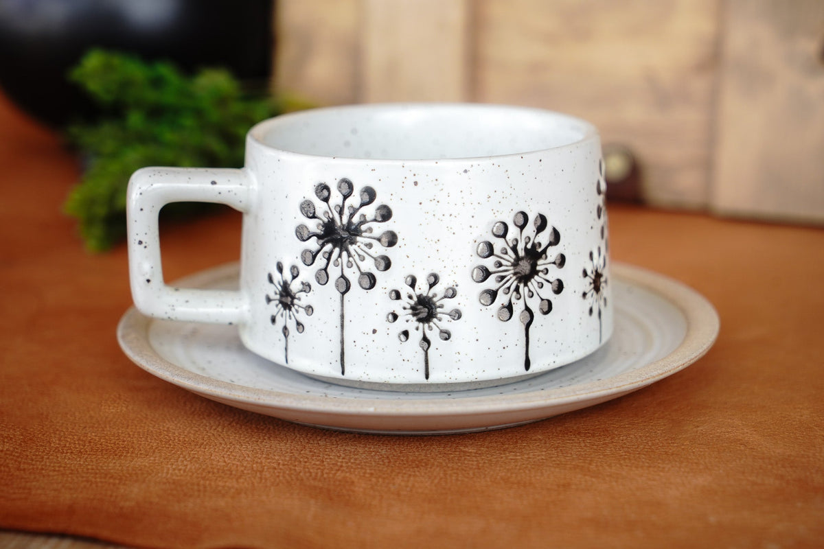 Cottagecore Embossed Mug Set | Silver Metallic Floral Design