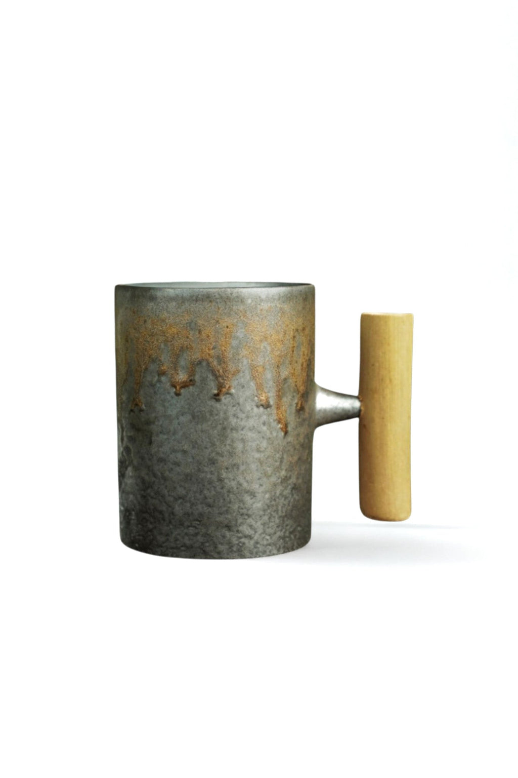 Iron Bronze Glazed Ceramic Mug with Wooden Handle