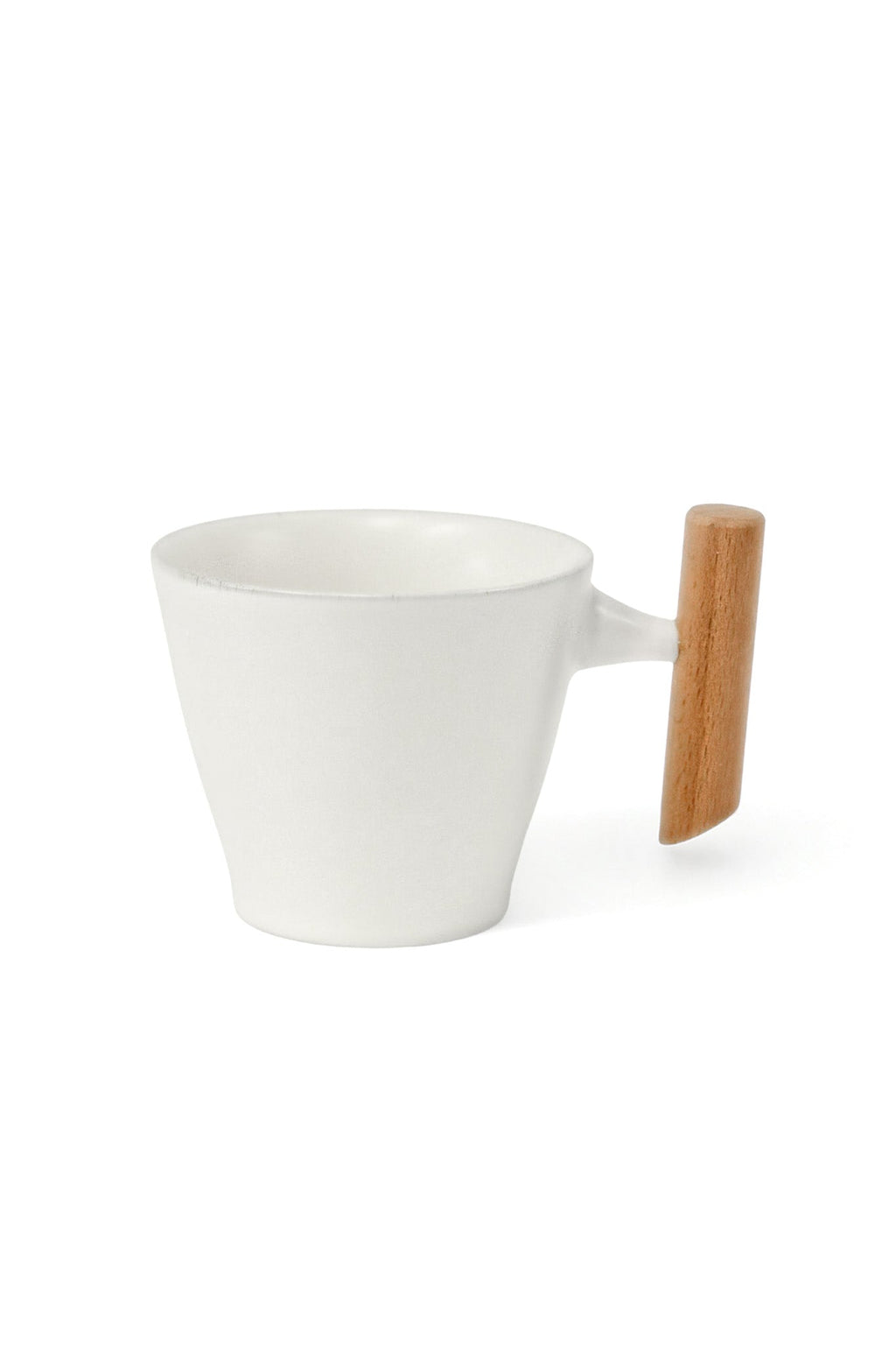 Tapered White Wide Opening Ceramic Mug With Wooden Handle