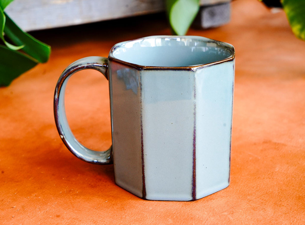 Unique Octagonal Rustic Light Blue Glaze Mug